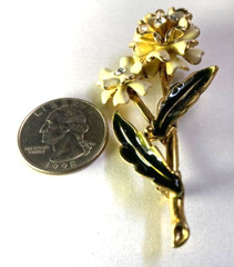 Vintage Monet White and Green Enamel and Rhinestone Flower Brooch Pin 2.5in