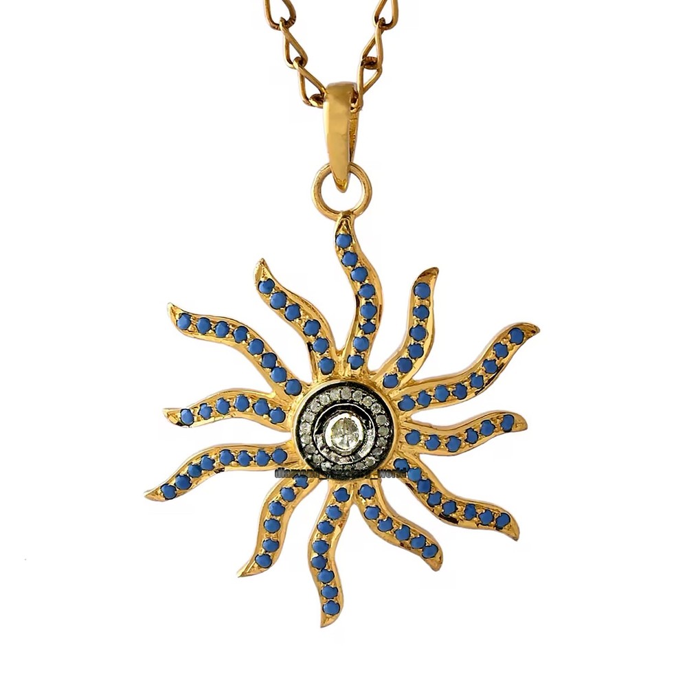 Victorian 0.60ctw Rose Antique Cut Diamond Turquoise Silver Sun Pendants Jewelry