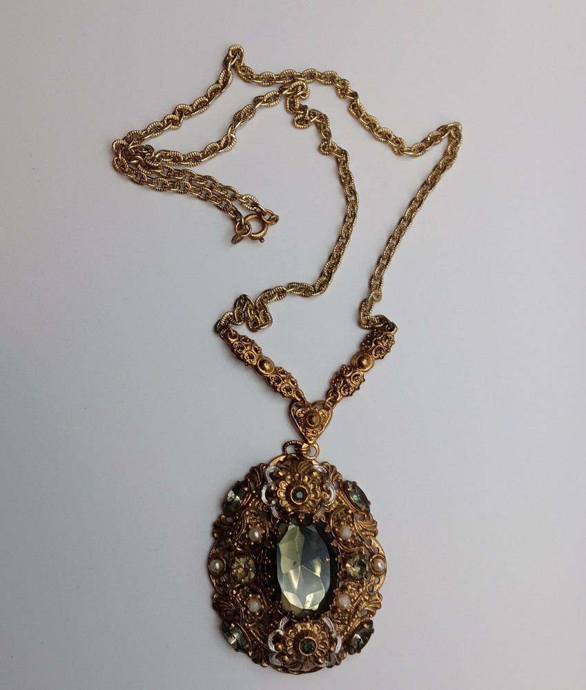 Vtg Western Germany Necklace Smoky Art Glass Faux Pearl Rhinestone Ornate 24″