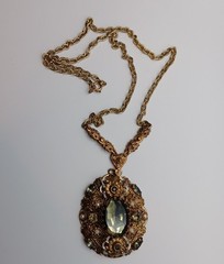 Vtg Western Germany Necklace Smoky Art Glass Faux Pearl Rhinestone Ornate 24″
