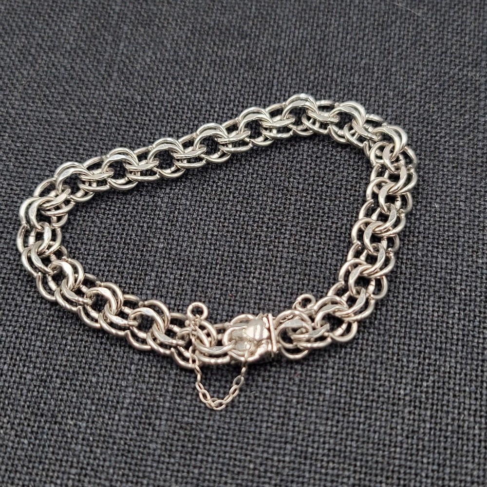 Elco Sterling Silver Double Link Charm Bracelet 7″ Safety Chain 16.4 grams