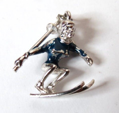 VINTAGE ENAMEL SPORT SKIER 3D CHARM PENDANT STERLING SILVER 23MM X 21MM WIDE