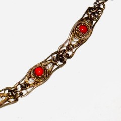 STERLING SILVER bracelet filigree scrolled panel links tiny coral glass cabs 10g