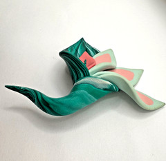 Polymer Clay Flower Brooch Pink Green Handcrafted Tropical Pin Signed 3.5″