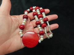 Vintage Red & Faux Pearl w/Rhinestone Red Medallion Focal
