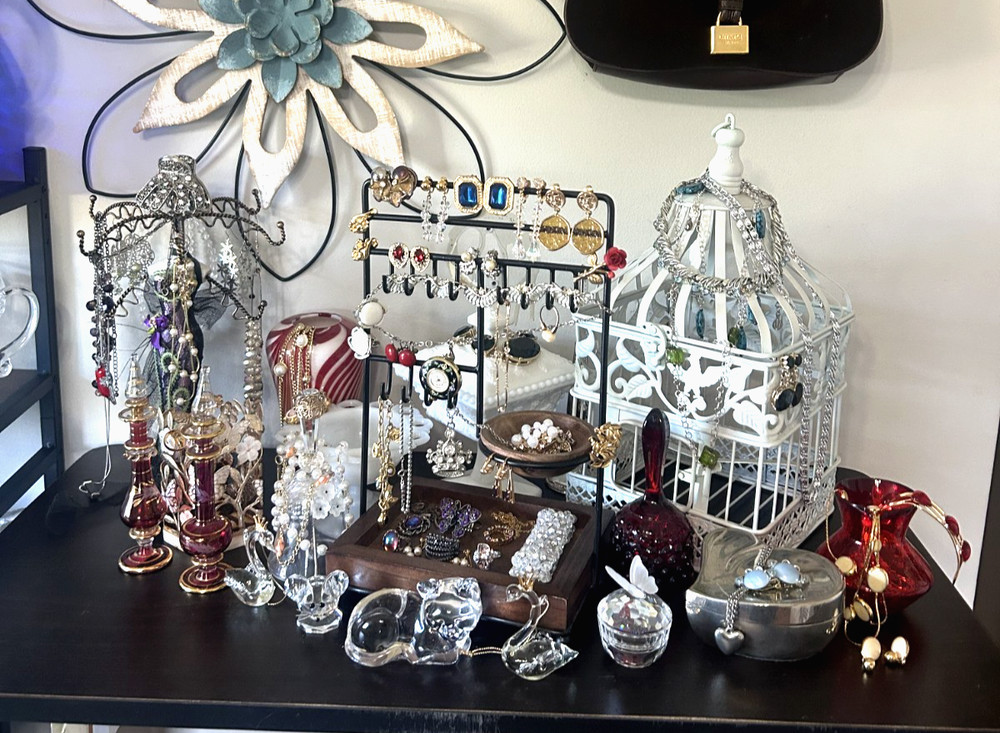 Vintage Estate Costume Jewelry Lot Glowers Trifari Avon Crystal w/Display Pcs.