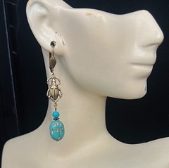 Egyptian Revival Scarab Earrings Antique Turquoise Czech Glass & Brass Filigree