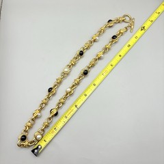 Opulent Vintage 24” Gold-Tone Link Necklace with Faux Pearl & Onyx Cabochons