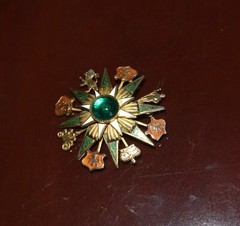 Vtg Heraldic brooch coats of arms & crowns Gold tone metal alloy enamel crystal