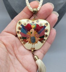 Vintage Cloisonne Enamel Colorful Peacock Tassle White Barrel Clasp Necklace N1D