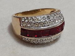 Vintage layered CZ white & red channel set unisex gold tone ring size 7