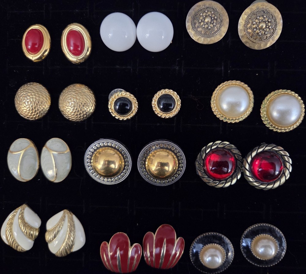 Vintage Enamel Earrings Lot Of 12 Gold Tone 80’s Pierced Button Style
