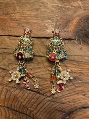 Lunch at the Ritz Christmas Tree Earrings Dangling Ornaments Gold Plated Pierced