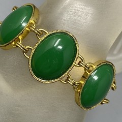 Gold Tone Link Bracelet Green Acrylic Cabochon Wide Fold Over Clasp Retro 6.25″