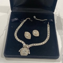 Vintage Signed HOBE Rhinestone Bib Necklace and Clip-On Earring Set