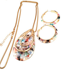Vtg 80s Gold Tone Multi Color Resin Teardrop 29 In Necklace w Matching Earrings