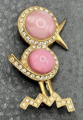 Vintage Pink Jelly Belly Moon Glow Bird Brooch Pin Gold Tone Rhinestone