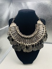 Vintage Silver Tone Boho Ethnic Tribal Coin Coachella Fringe Statement Necklace