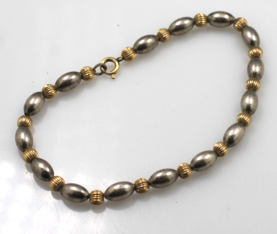 Vintage 14k GF Gold Filled & sterling silver 2 toned beaded Bracelet Chain 7″ BB