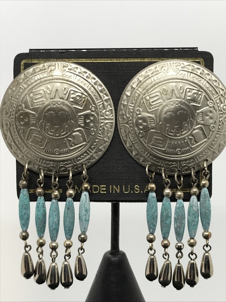 Vintage High End Fashion Jewlery Southwestern Silver Turquoise Pierced Earrings