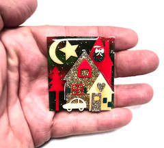 Vintage Pins By Lucinda Glittery Christmas Holiday Night House Scene Pin Brooch
