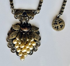 Rolled Gold Antique Grape Bunch Leaf Pendant Necklace Ornate Slide Clasp 1900s