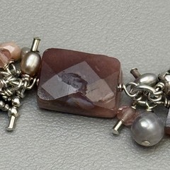 Artisan 925 Sterling Silver Banded Agate Pearl Bracelet Toggle Clasp 7″ Vintage