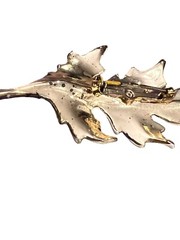 Vintage Gold Tone Cream Color Enamel Leaf Brooch Pin Rhinestone Center Garden