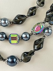 Vintage Crown Trifari 3 Strand Gray Black Iridescent Irregular Beaded Necklace
