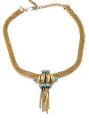 Vintage Mesh Tassel Fringe Necklace Faux Turquoise Gold Tone Victorian Revival