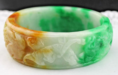 Chunky Vintage Carved Jadeite Jade Dragon Foo Dog 6.5″ Bangle Bracelet