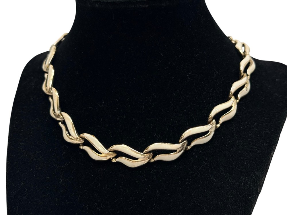 Vintage Choker Necklace Retro Gold Tone Cream Enamel Mid Century Chain 15 inch
