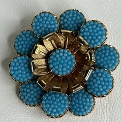 Vtg Mid Century Turquoise Blue Floral Statement Brooch Gold Tone 1960’s Couture