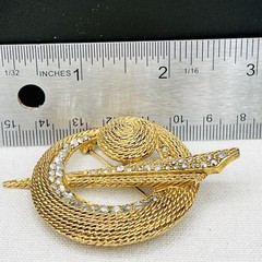 Florenza Vintage Gold Tone Rhinestone Orbit Swirl Brooch Textured 3” Modernist