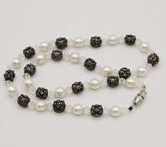 Artisan Made Faux Pearl Crystal Ornate Metal Bead Vintage Necklace 16 Inch