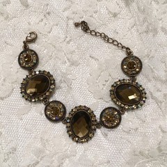Brown Copper Tone Rhinestone Bracelet Oval Stones Aurora Borealis Elegant Chain