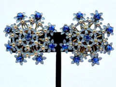 Gold Tone Pastel Blue Enamel & Royal Blue Rhinestones Clip-on Earrings Vintage