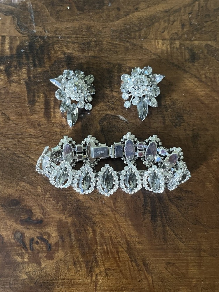 Vintage Weiss Rhinestone Silver Bracelet & Matching Earrings Statement Set