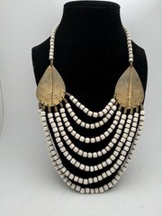 Tribal Bib Necklace White Bone Look Beads Brass Multi Strand Boho Ethnic Vintage