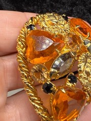 Vintage Rhinestone Brooch Orange Domed Fall Autumn