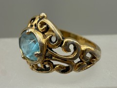 VINTAGE ESTATE GOLD PLATED OVAL CUT PASTE BLUE TOPAZ FILIGREE RING SIZE 8