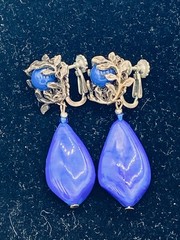Vintage Miriam Haskell Faux Lapis Blue Silver Tone Drop Clip-On Earrings Signed