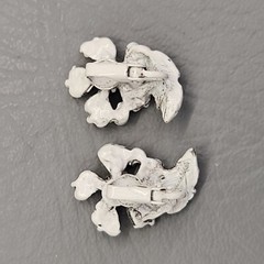 Vintage Clamper Bracelet Clip On Earrings Set White Enamel Black Washed Flowers
