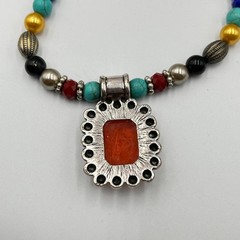 VTG Retro Multi-Color Beads Faux Stone Necklace Silver Tone Orange Resin Pendant