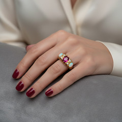 Vintage 18K Solid Gold Opal Diamond Ruby Ring, Made in England 1930, GIA Cert.