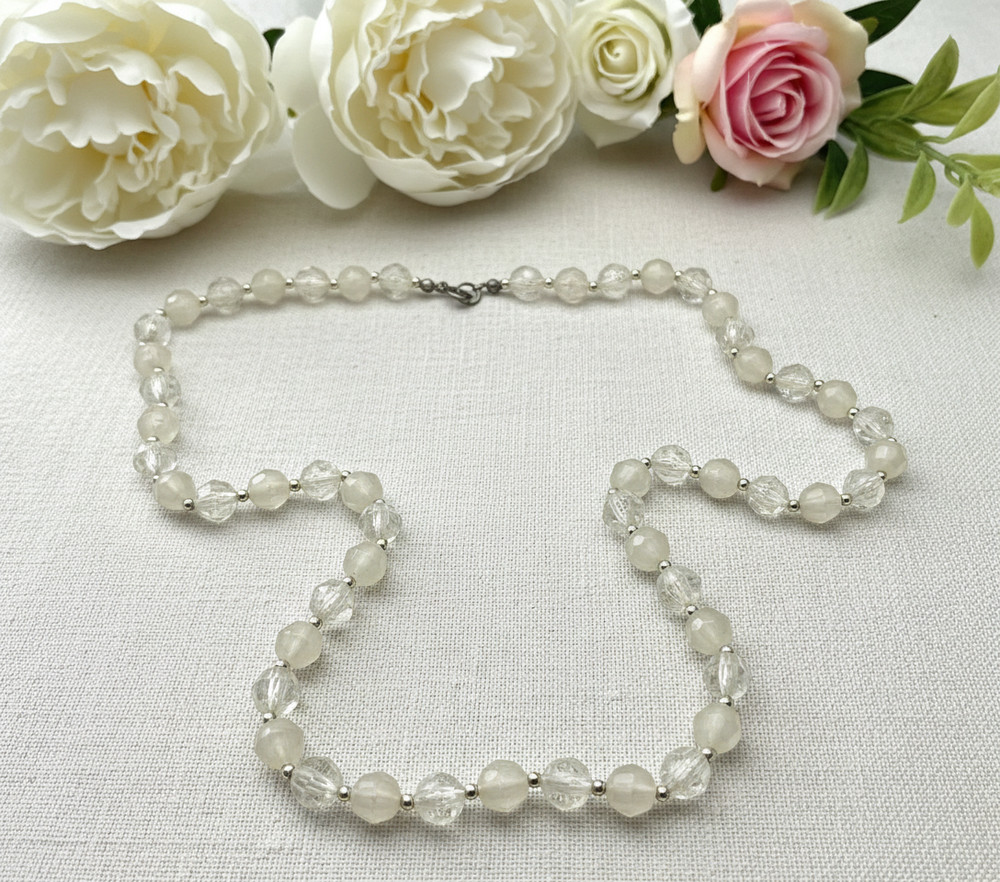 Vintage Lucite Bead Necklace Clear Milk Faceted 25 Inch Spring Ring Clasp