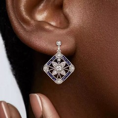 Art Deco Style Lab Created Diamond Blue Sapphire 14k White Gold FN Earrings