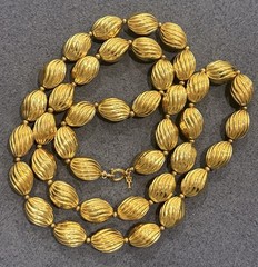Signed Crown Trifari Vintage Gold Tone Ribbed Oval Bead Opera Long Necklace
