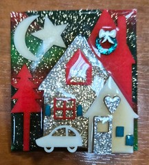 Vintage Pins By Lucinda Glittery Christmas Holiday Night House Scene Pin Brooch