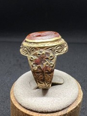 Rare Ancient Bronze Ring Carved Red Agate Eastern King Antique Size 8 US